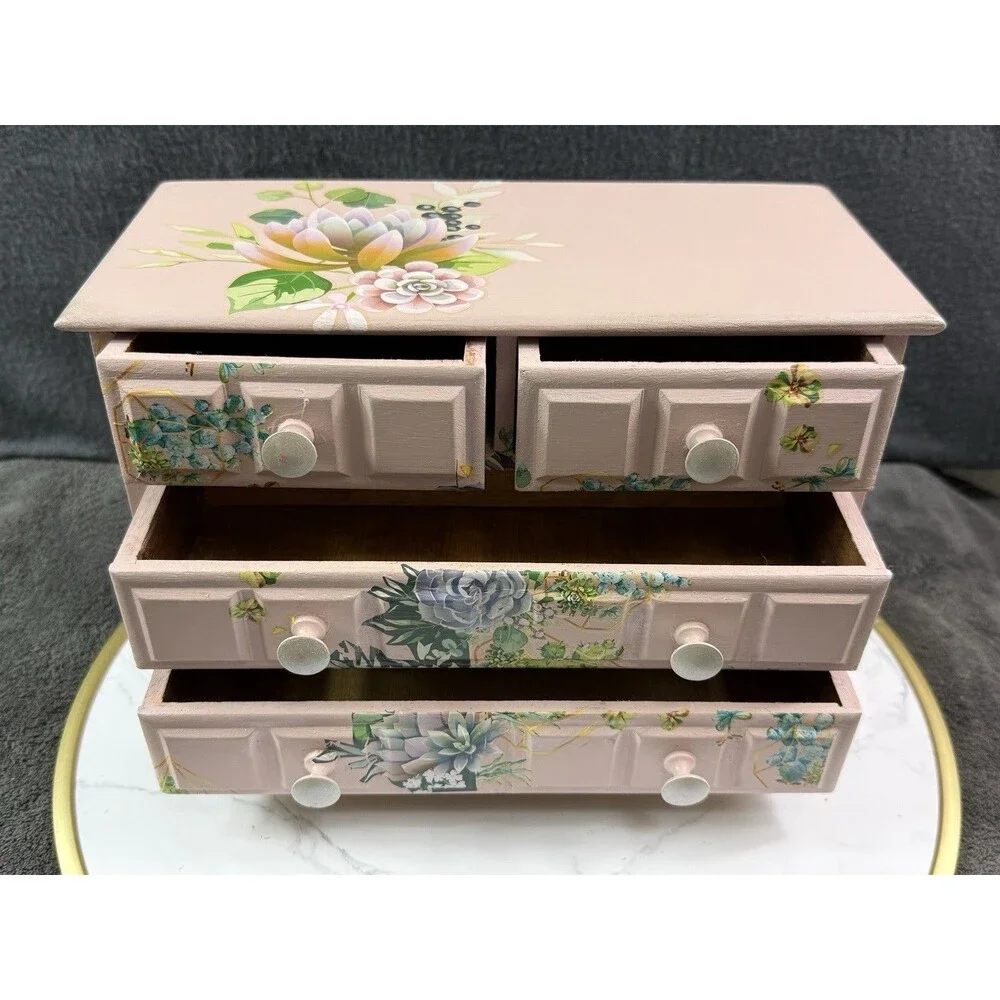 Vintage Wood Jewelry Box Hand Painted Decoupage Floral 4 Drawer Chest Organizer